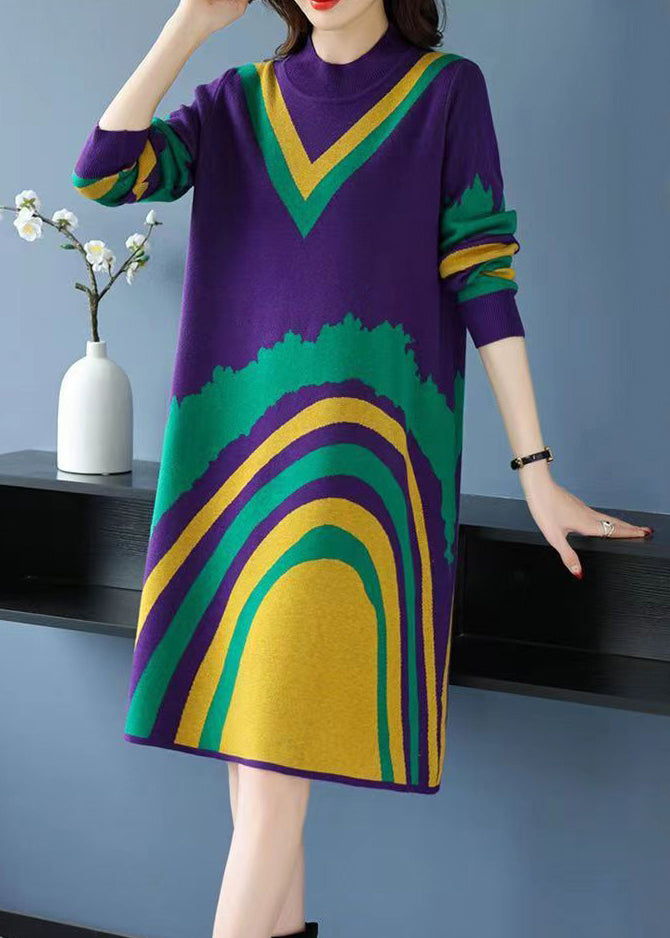 Loose Purple Print Cozy Knit Mid Dress Long Sleeve