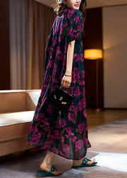 Loose Purple Print Ruffled Lace Up Chiffon Long Dresses Summer