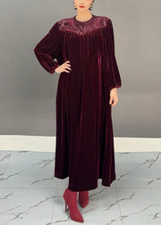 Loose Purple Red O Neck Solid Silk Velvet Maxi Dress Spring