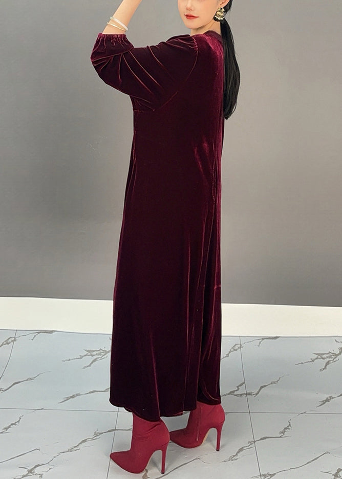 Loose Purple Red O Neck Solid Silk Velvet Maxi Dress Spring