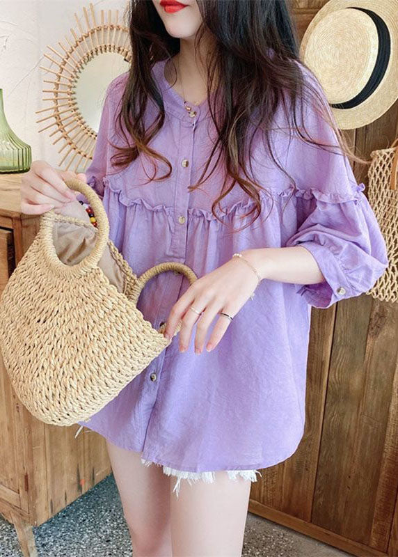 Loose Purple Ruffled Button Patchwork Linen Shirt Spring