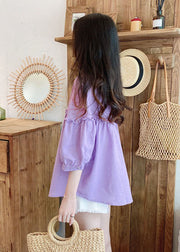 Loose Purple Ruffled Button Patchwork Linen Shirt Spring