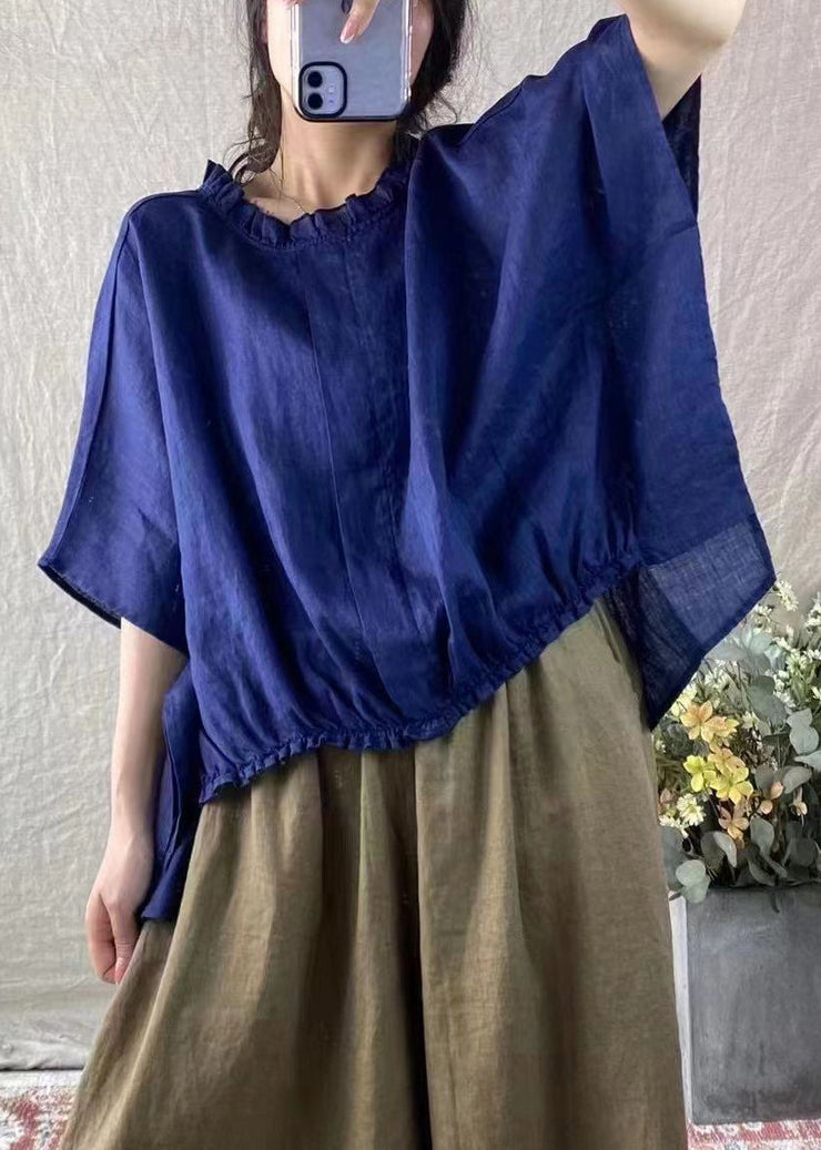 Loose Purple Ruffled Low High Design Cotton T Shirt Batwing Sleeve