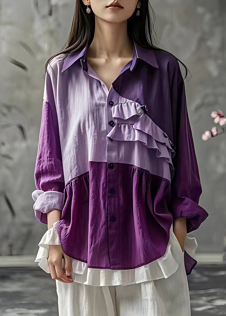 Loose Purple Ruffled Patchwork Button Shirt Long Sleeve