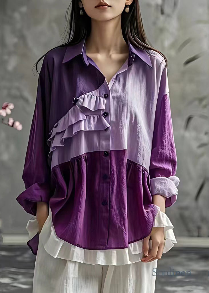 Loose Purple Ruffled Patchwork Button Shirt Long Sleeve
