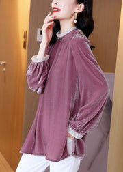 Loose Purple Ruffled Side Open Velour Tops Spring