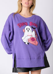 Loose Purple Sequins Side Open Cotton Sweatshirt Long Sleeve