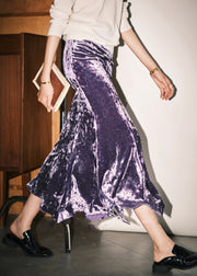 Loose Purple Solid High Waist Silk Velvet Skirts Spring