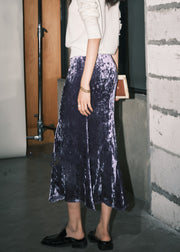 Loose Blue Solid High Waist Silk Velvet Skirts Spring