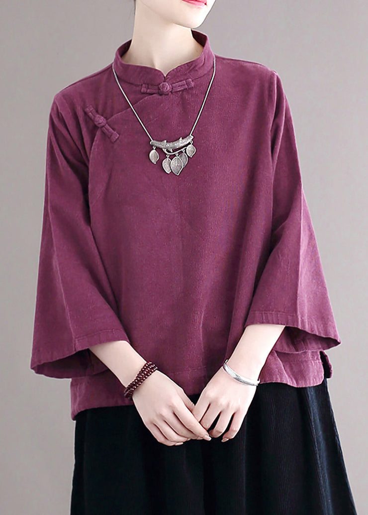 Loose Purple Stand Collar Button Corduroy Shirts Fall