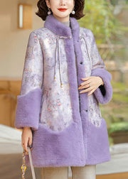 Loose Purple Stand Collar Button Warm Fleece Coat Winter