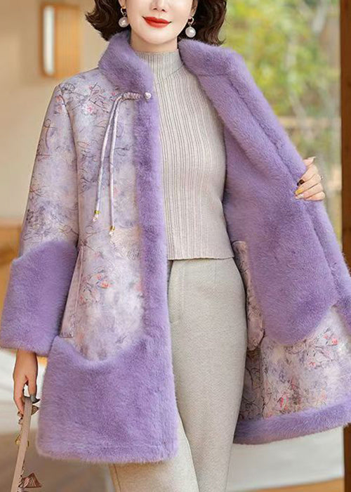 Loose Purple Stand Collar Button Warm Fleece Coat Winter