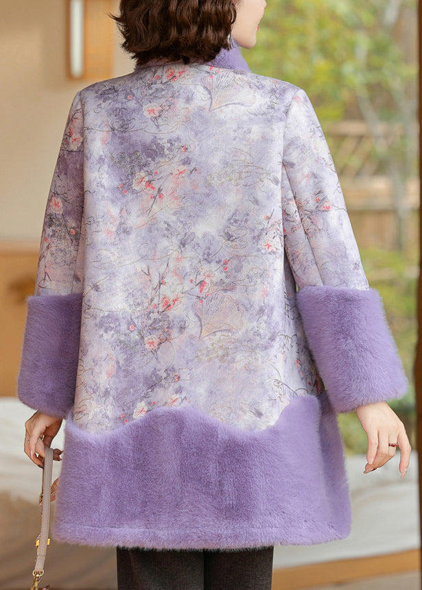 Loose Purple Stand Collar Button Warm Fleece Coat Winter