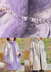 Loose Purple Stand Collar Button Warm Fleece Coat Winter