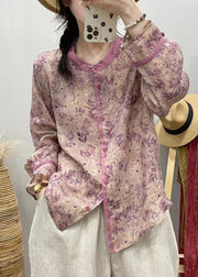 Loose Purple Stand Collar Print Patchwork Linen Shirts Fall