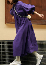 Loose Purple Stand Collar Wrinkled Maxi Dress Lantern Sleeve