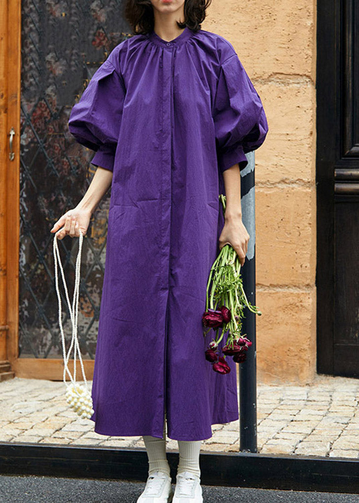 Loose Purple Stand Collar Wrinkled Maxi Dress Lantern Sleeve