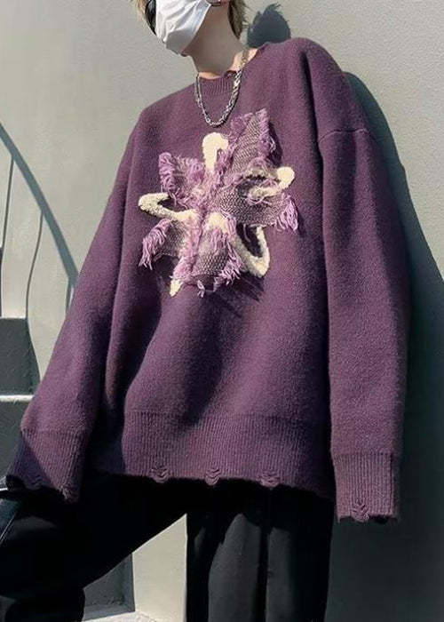 Loose Purple Tasseled Hole Knit Men Sweater Winter