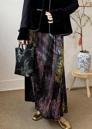 Loose Purple Tie Dye Side Open Elastic Waist Silk Velvet Skirts Spring