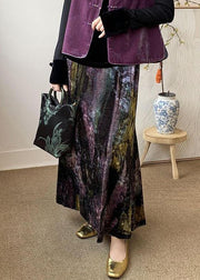 Loose Purple Tie Dye Side Open Elastic Waist Silk Velvet Skirts Spring