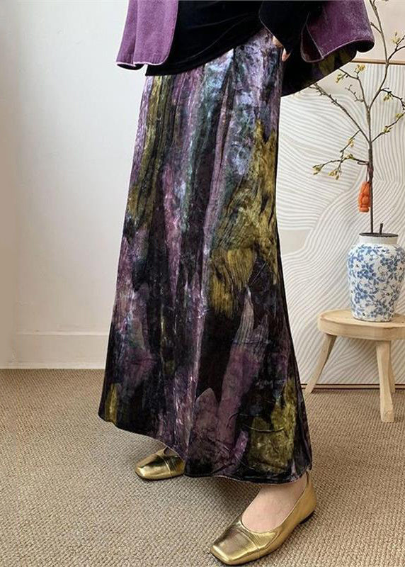 Loose Purple Tie Dye Side Open Elastic Waist Silk Velvet Skirts Spring