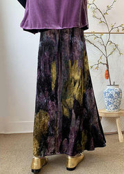 Loose Purple Tie Dye Side Open Elastic Waist Silk Velvet Skirts Spring