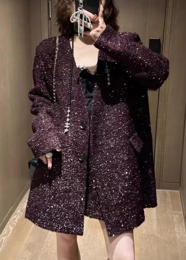 Loose Purple V Neck Double Breast Sequins Coats Spring