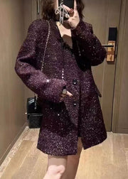 Loose Purple V Neck Double Breast Sequins Coats Spring