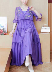 Loose Purple V Neck Embroidered Wrinkled Patchwork Chiffon Dress Summer