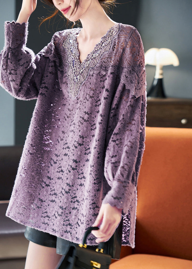 Loose Purple V Neck Nail Bead Hollow Out Lace Top Spring