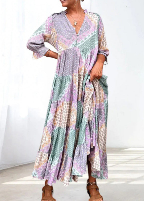 Loose Purple V Neck Patchwork Cotton Maxi Dresses Half Sleeve