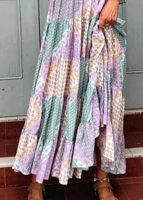 Loose Purple V Neck Patchwork Cotton Maxi Dresses Half Sleeve