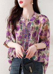 Loose Purple V Neck Print Zircon Cotton Blouses Summer