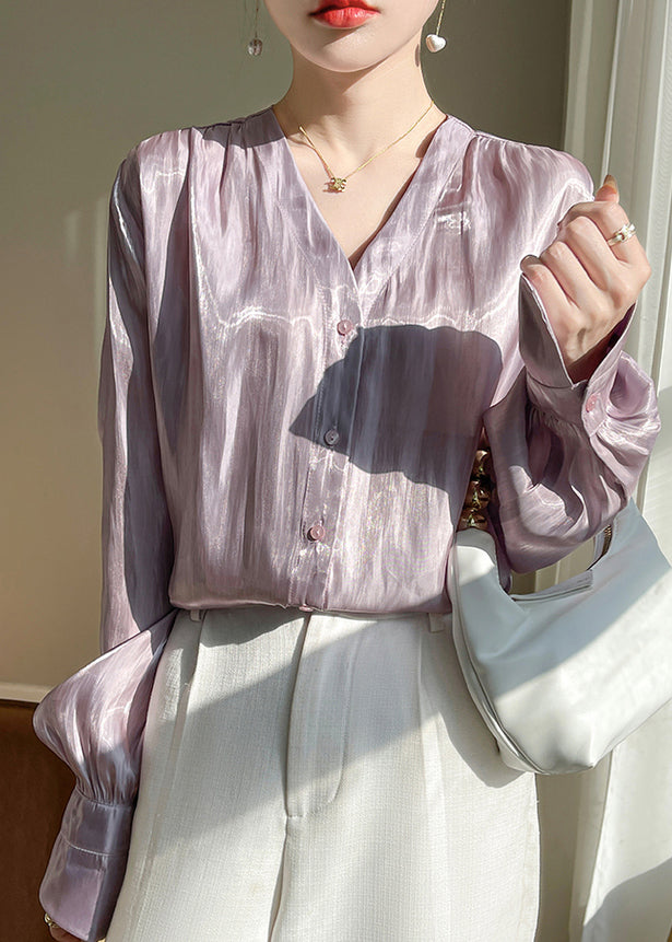 Loose Purple V Neck Solid Silk Shirt Long Sleeve