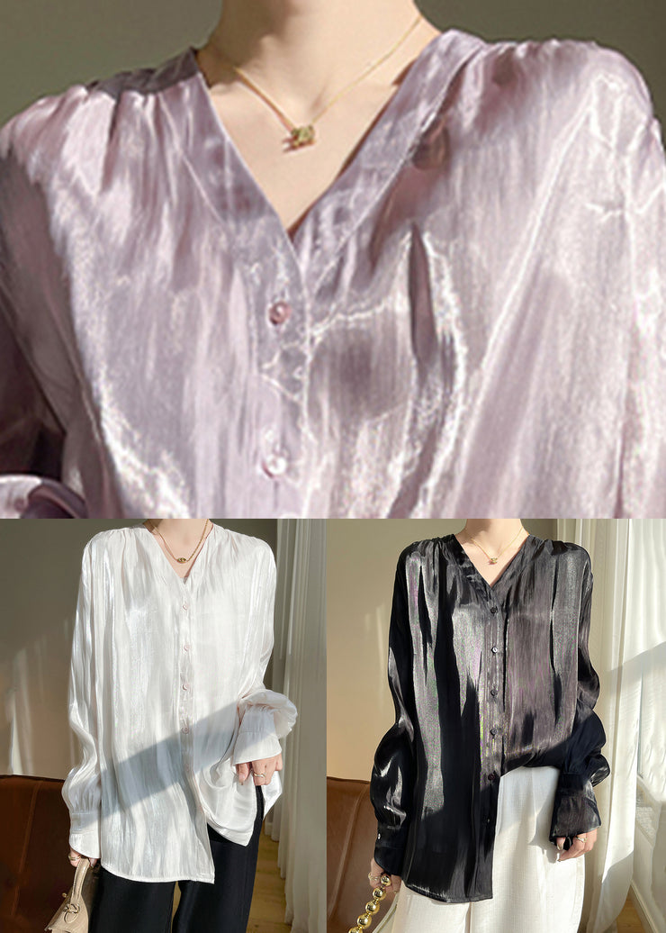 Loose Purple V Neck Solid Silk Shirt Long Sleeve