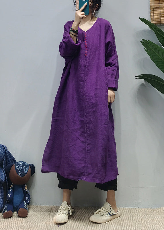 Loose Purple V Neck side open Embroideried pocket Linen Dresses Long Sleeve