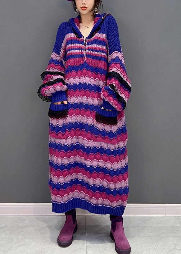 Loose Purple Zippered Striped Hooded Knit Maxi Sweater Dress Winter