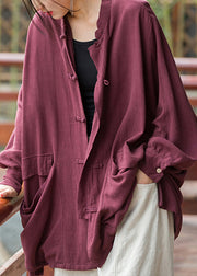 Loose Purplish Red Button Pockets Linen Coat Long Sleeve