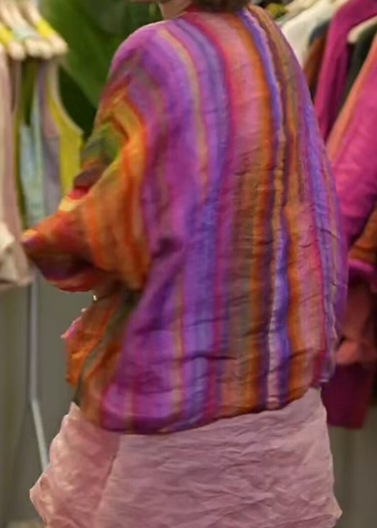 Loose Rainbow Button Print Linen Shirt Long Sleeve