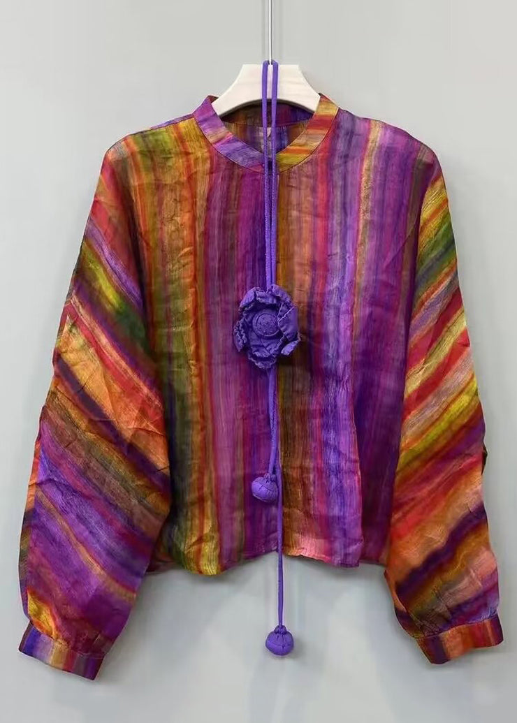 Loose Rainbow Button Print Linen Shirt Long Sleeve