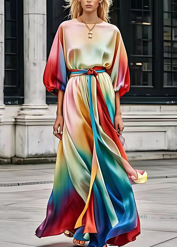 Loose Rainbow O-Neck Tie Waist Silk Long Dresses Summer