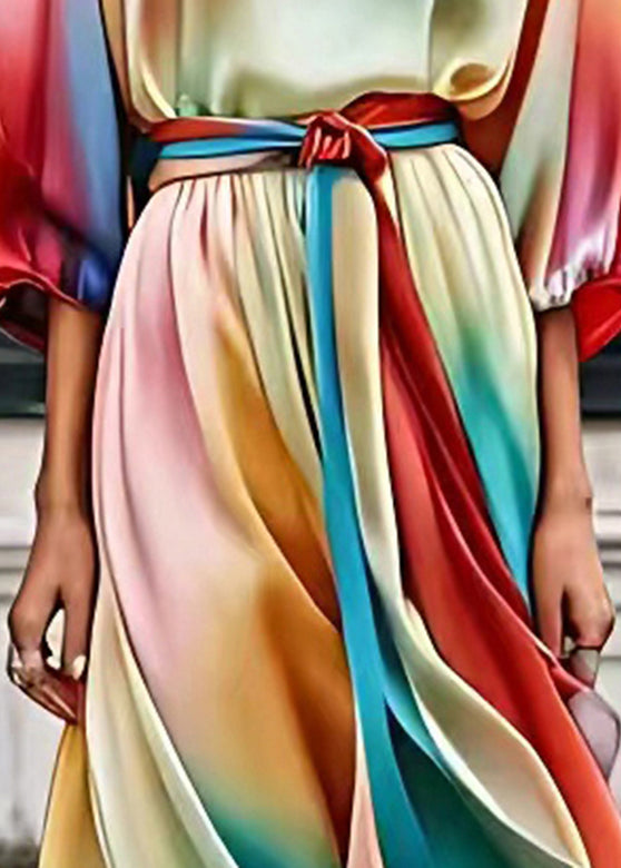 Loose Rainbow O-Neck Tie Waist Silk Long Dresses Summer