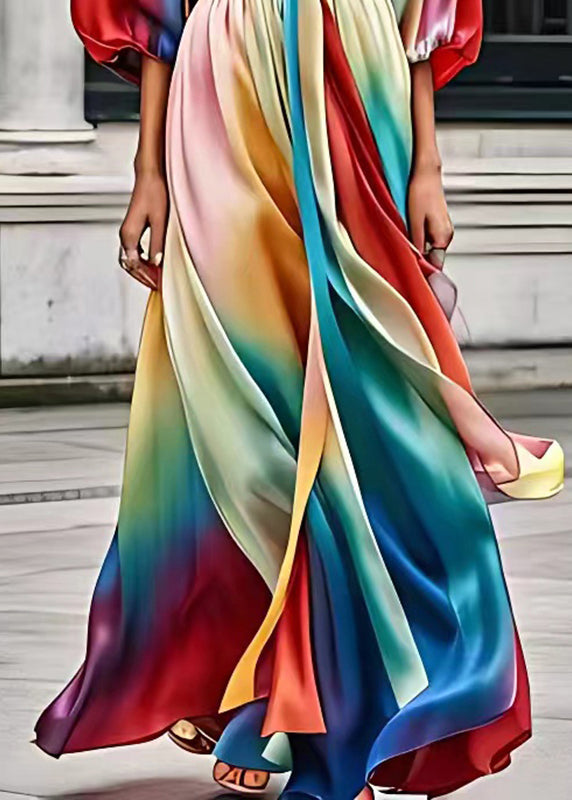 Loose Rainbow O-Neck Tie Waist Silk Long Dresses Summer