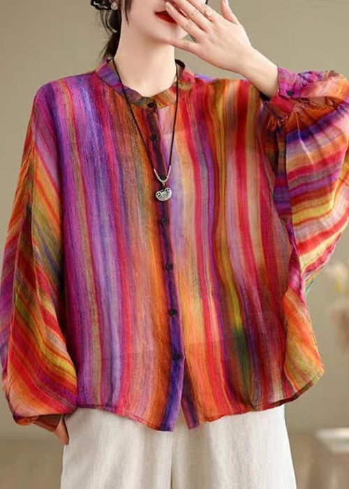 Loose Rainbow Striped Button Linen Blouses Batwing Sleeve