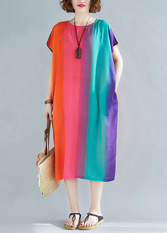 Loose Rainbow Striped O Neck Pockets Cotton Dress Summer