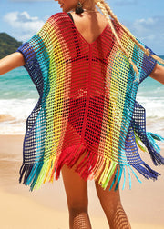 Loose Rainbow V-Neck Hollow Out Knit Cover Up Swimwear