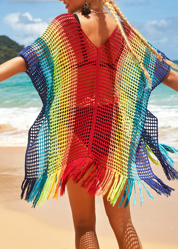 Loose Rainbow V-Neck Hollow Out Knit Cover Up Swimwear