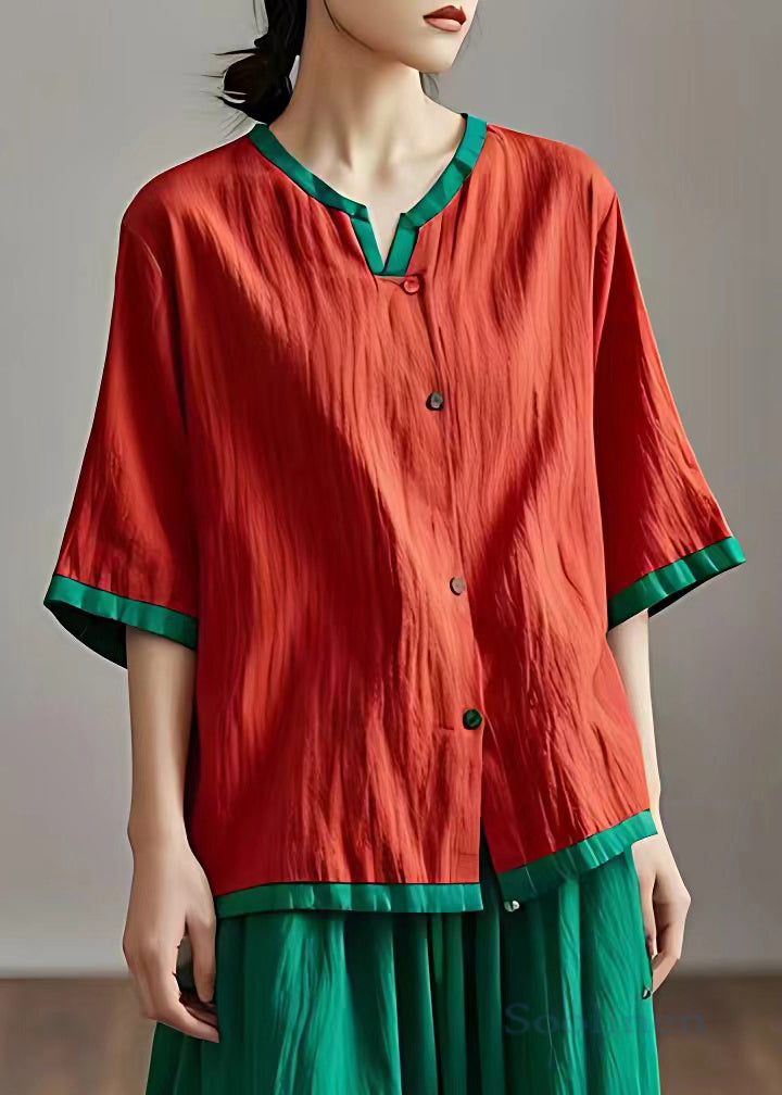 Loose Red Button Solid Cotton Blouses Half Sleeve