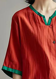 Loose Red Button Solid Cotton Blouses Half Sleeve