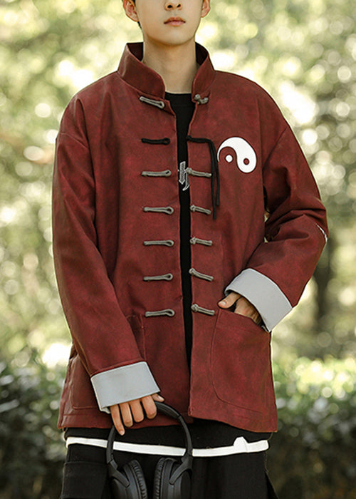 Loose Red Chinese Button Pockets Faux Leather Mens Coats Winter